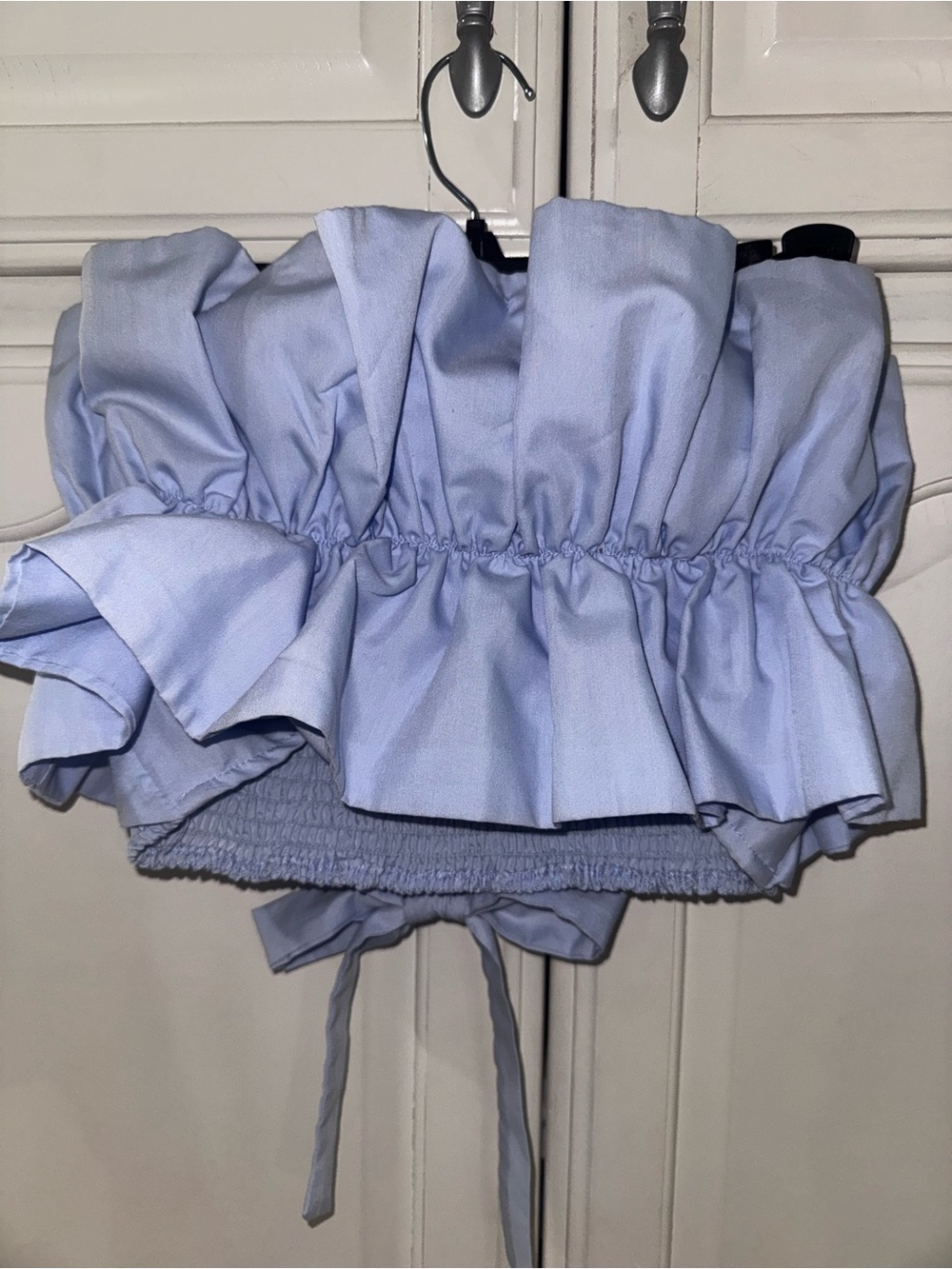 Light Blue Ruffled Strapless Crop Top